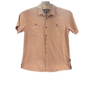 Patagonia Shirt Men L Orange Plaid BACK STEP Button Up Hemp Blend Hiking